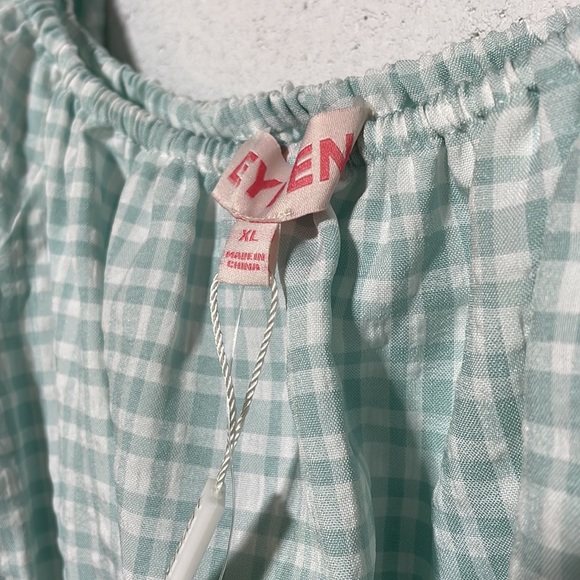 LEYDEN chambray smock elastic high waist balloon offshoulder gingham dress green - Picture 4 of 12